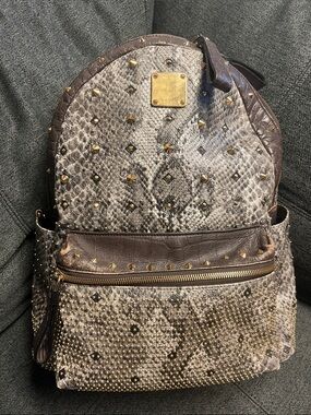 MCM Snakeskin and Leather Studded Viestos Backpack - Cards Included